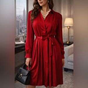 VTG 80s Silk Farm Red 100% silk shirt dress pleaded tuxedo office siren size 8